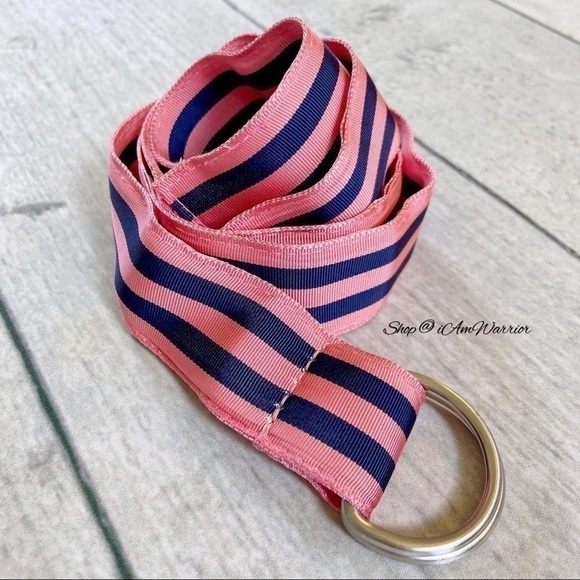 J.Crew pink & navy blue striped ribbon d-ring adjustable belt *Shop@iAmWarrior